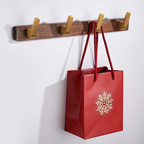 Wall Mounted Coat Rack, Entryway Hanging Coat Rack, Metal Wood Coat Rail with 4 Rustic Hooks Rail for Coat, Scarf, Bag, Towel, Key, Cap, Hat, Walnut Gold Matt - size: 4 Hooks - Curve Shape