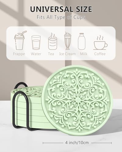 Drink Coasters, Coasters Set of 6 for Cup with Holder, Non-Slip Silicone Cup Mats for Hot and Cold Drinks, Cute Absorbent Coffee Bar Accessories Table Decor, Tender Green - color: Tender Green