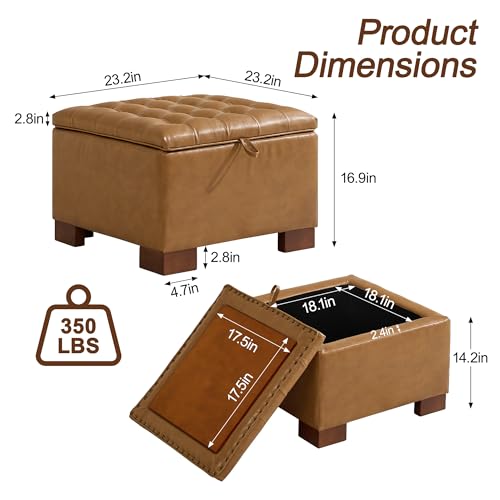 WUTUTUEE 24" Faux Leather Square Storage Ottoman with Wooden Tray, Modern Tufted Button Footstool Coffee Table, Upholstered Small Ottoman for Living Room, Bedroom, Brown - color: Brown-pu, size: 24 Inch