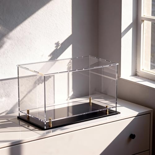 Acrylic Display Case for Collectibles, Dustproof Acrylic Box with Clear Display Elevation & Gold Risers, Large Display Case for Figures Toys Memorabilia, 13" L x 9" W x 9" H - size: 13"L x 9"W x 9"H