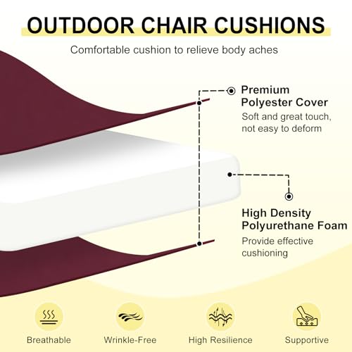 downluxe Outdoor Chair Cushions Set of 2 for Patio Furniture, Water-Resistant Patio Chair Cushions with Ties, High Density Foam Outdoor Seat Cushion, 17" X 16" X 2", Burgundy - color: Burgundy, size: 17x16x2 Inch (Pack of 2)