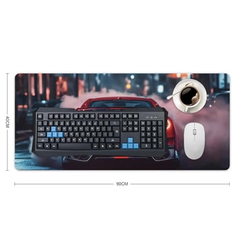 Large JDM R34 Car Mouse Pad, Red Smoke City Desk Mat, Extended Gaming Mouse Pad for Office & Home, Non-Slip Rubber Keyboard Mat Decor 35.4" x 15.7" - color: Red Car, size: 35.4" x 15.7"