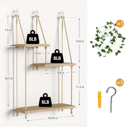 Hanging Shelves for Wall with Vine Lights 3 Tier Boho Wall Shelf Macrame Floating Shelves Rope Rustic Wood Organizer Storage Hanger Rack Decor Aesthetic for Succulents Kitchen Bedroom Bathroom - color: Three Layers
