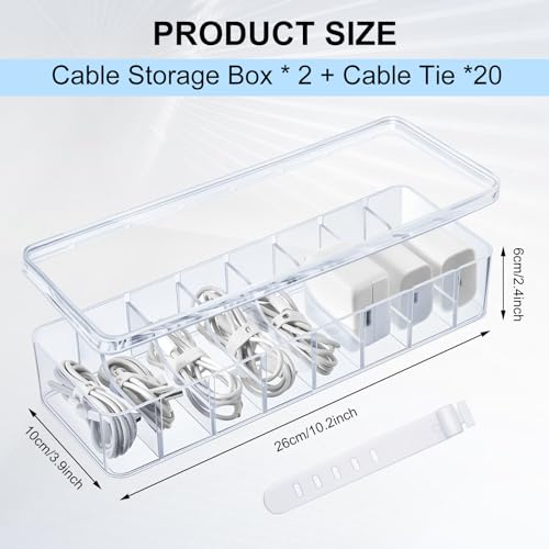 Tatuo 2 Pcs Cable Organizer Box with Wire Ties, Plastic Cord Storage Box with Lid, Electronics Organizer for Home Office Desk Organizers and Accessories (Clear) - color: Clear
