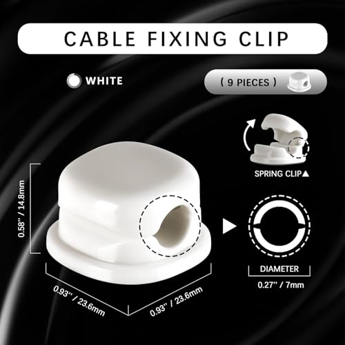 7mm Spring Cable Holder Clips, 9 Pack Desk Cord Organizer, White | Compact cord clips blend into desk edges, bedside tables and car interiors; reduce cord clutter without taking much space - color: White