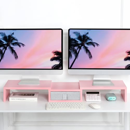 TEAMIX Pink Dual Monitor Stand Riser with Drawer - Length and Angle Adjustable Double Corner Desk Shelf Organizer 37 inch for 2 Laptop/PC/Screen/TV - color: Pink