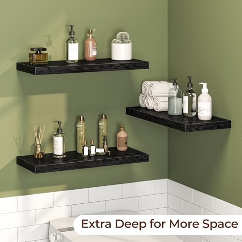 Fun Memories Floating Shelves for Wall 24 Inch Set of 3, Farmhouse Floating Shelves with Invisible Heavy Duty Bracket, 10 Inch Deep Bathroom Shelves for Storage, Living Room, Kitchen, Decor, Black - color: Black, size: 24"W x 10"D - 3P
