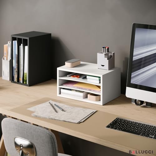 Ballucci Paper Organizer, 3-Tier Stackable Wood Desk Organizer, Document File Organizer and Mail Sorter with Adjustable Storage Shelves, White - color: White, size: 3 Tier Standard