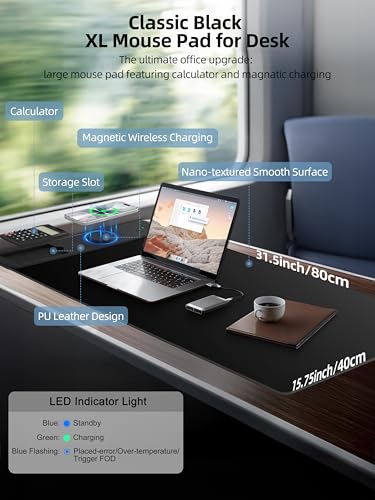 Mouse Pad 31.5x15.75 Inch with Calculator, 15W Magnetic Wireless Charging Desk Mat, XXL Desk Pad, Home Office Large Keyboard Pad with Ultra-Smooth Surface, Non-Slip Base (Black with 20W PD Charger) - color: 31.5x15.75"magnetic Calculator No Rgb-black W/Pd