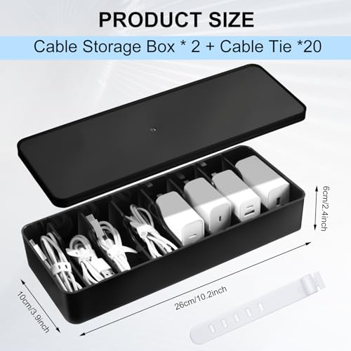 Tatuo 2 Pcs Cable Organizer Box with Wire Ties, Plastic Cord Storage Box with Lid, Electronics Organizer for Home Office Desk Organizers and Accessories (Black) - color: Black