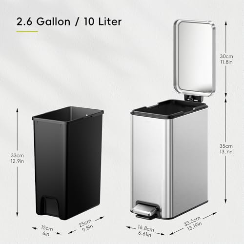 EKO Small Bathroom Trash Can with Lid Soft Close, Step Pedal, 10 Liter / 2.6 Gallon Stainless Steel Garbage Can with Removable Inner Bucket, Anti-Fingerprint Finish (Silver) - color: Stainless Steel, size: 10L