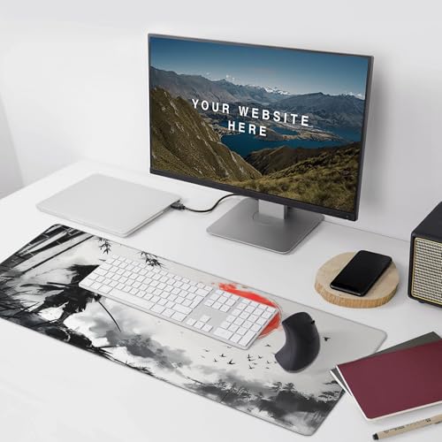 Extra Large Gaming Mouse Pad, Samurai and Bamboo Forest Japanese Style, Non-Slip Rubber Base, Stitched Edges, 35.4 x 15.7 Inches - color: Samurai & Red Sun
