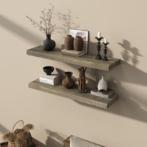 Acovy 36" Unfinished Solid Reclaimed Wood Floating Shelves, Rustic Heavy-Duty Wall Shelves, 8" Deep Floating Shelf for Living Room, Bathroom, Bedroom and Kitchen, Set of 2, Grey - color: Cement Grey, size: 36inches-2p