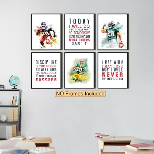 Football Motivational Posters - Inspirational Art Prints For Boys Bedroom, Teenage Room Decor - Set Of 6 8x10 In