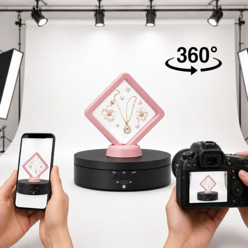 KAIMC Motorized Rotating Display Stand 3-in-1,360 Degree Electric Photography Turntable for Live Streaming, Jewelry Display, Watch, Collectibles,3 Speeds & 4 Angles Adjustable,USB/Battery Powered