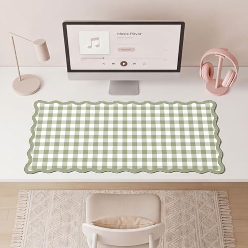 Checkered Green Scalloped Mouse Pad,Cute Kawaii Gingham Large Desk Mat Non-Slip Rubber Base,Aesthetic Decor Gaming Computer Desk Pad for Office Laptop Mouse Keyboard Pad, 31.5" x 15.7", XL - color: Checkered Green