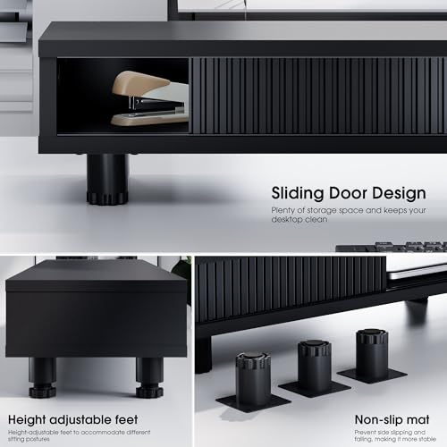 Fenge Dual Monitor Stand, 42.5inch Long Monitor Stands Riser for 2 Monitors, Glass Sliding Door with Storage Organizer Stand for Desk, 2 Tier Desk Shelf for Laptop, Pc, Printer, Computer, TV - color: Black