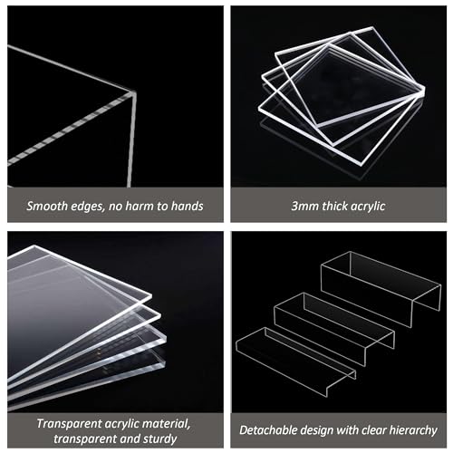 Sezanrpt Square Acrylic Display Risers 3pcs, Clear Showcase Shelves for Collectibles, Funko Pop Figures, Perfumes, Cupcake, Candy Dessert - 3''x4''x5''