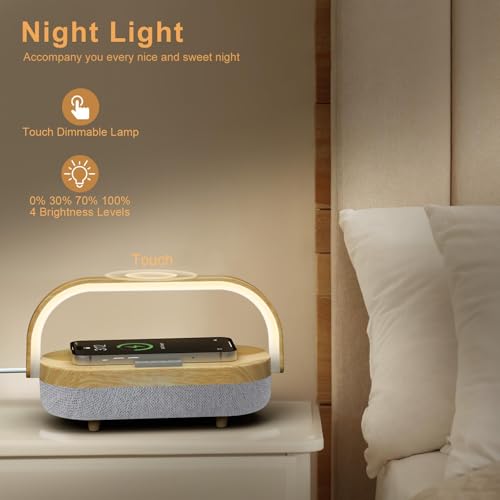 Nightstand Lamp with Wireless Charger,4 in 1 Touch Bedside Lamp Bluetooth Speaker,Portable Dimmable LED Night Light,Corporate Gifts Premium for Employees Clients,Birthday Gifts Women Wife Friend - color: Wood