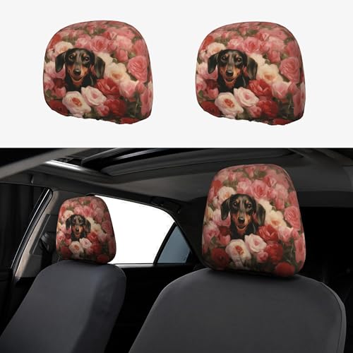 Car Seat Headrest Cover 2pc Lovely Rose Dog Pattern Car Headrest Protector Universal - color: Flower Dog Red