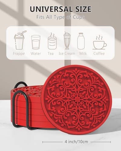 Drink Coasters, Coasters Set of 6 for Cup with Holder, Non-Slip Silicone Cup Mats for Hot and Cold Drinks, Cute Absorbent Coffee Bar Accessories Table Decor, Red - color: Red