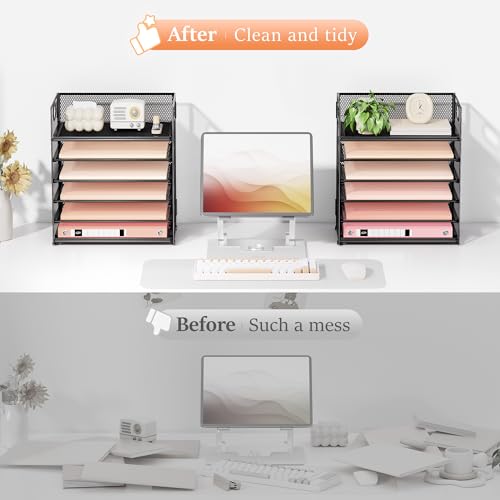 Subekyu 2-Pack 6-Tier Paper Tray Organizer for Desk - Black Mesh File Folder Sorter with Handles, Desk Letter Holder for Office, Home, School Supplies Storage & Organization - color: 2 Pack 6-tier - Black