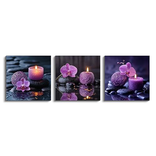 NAN Wind 3PCS Zen Canvas Wall Art Purple Orchid Spa Decor Aromatherapy Candle Black Stone Prints Modern Meditation Room Decor Bathroom Yoga Studio Wall Pictures Relaxing Home Artwork Ready to Hang - color: Serenity in Purple, size: 14X14inchX3pcs