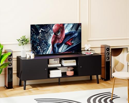 FDW TV Stand for 55 60 Inch TVs,Entertainment Center with 2 Storage Cabinets and Open Shelves, Modern Media Console Table for Living Room, Bedroom, Home Office,Black - color: Black