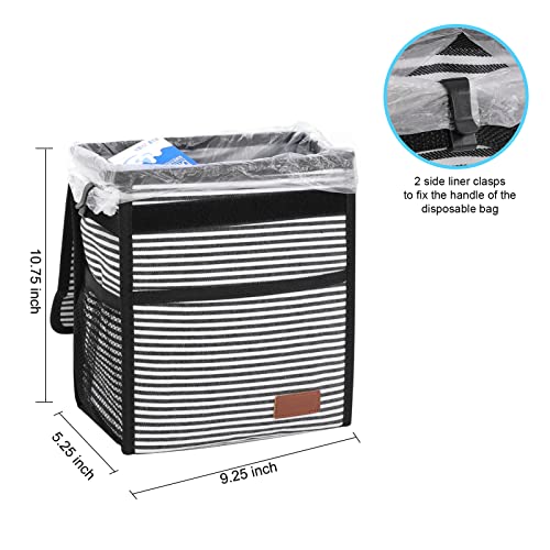 Femuar Car Trash Can with Lid - Leak Proof, Waterproof, Multipurpose Car Hanging for Headrest, Collapsible, Portable with Storage Mesh Pocket, Stripe - color: Stripe, size: 2.25 Gallons