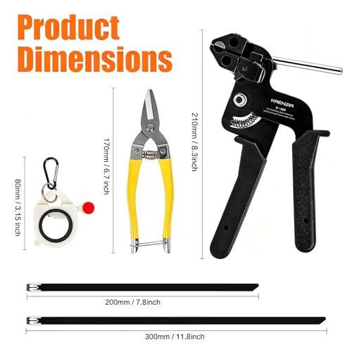 Stainless Steel Cable Tie Gun Kit:With 300pcs Uv Resistant Black Metal Zip Ties Heavy Duty Outdoor (150 Each of 8, 12 Inch) Adjustable Fastening Cutting Tie Tool Sets,for Chainlink Fence,Exhaust Wrap