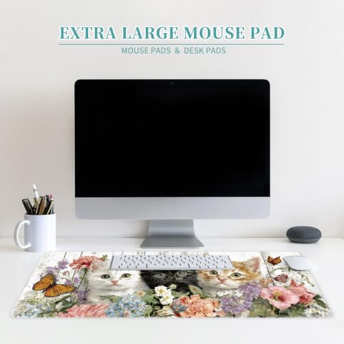 Large Mouse Pad, Big Gaming Mousepad, Desk Mat for Desktop, Thick Non-Slip Waterproof Rubber Base, Mouse Pads for Office, Computer, Keyboard, Laptop 31.5x11.8 in, Kittens Cat Floral - color: Kittens Cat Floral, size: 31.5" x 11.8"