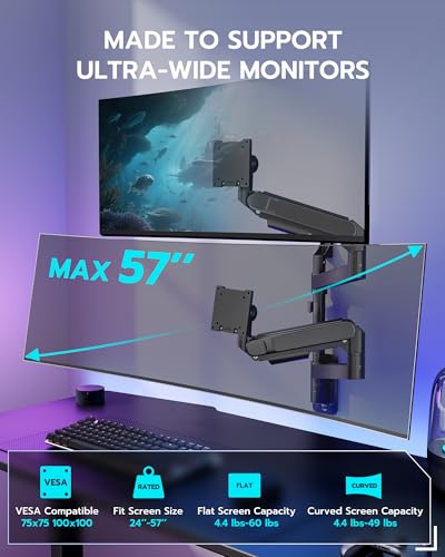 ARES WING Dual Monitor Wall Mount for 24-57 Inch Ultrawide Screens, Premium Heavy Duty Monitor Arm Holds 60 lbs, Full Motion Gas Spring, Bearing Head for Easy Adjustment, 75/100 VESA Mount, Black - color: Black, size: Dual Monitor Arm