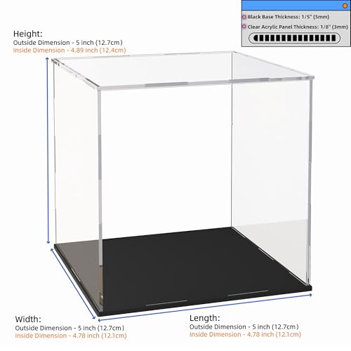 Acrylic Display Case 5x5x5 Inch, Clear Collectible Display Box with Matte Black Base, Dustproof Showcase for Figures, Models, Sports Memorabilia – Easy Self Assembly - size: 5 x 5 x 5 inch