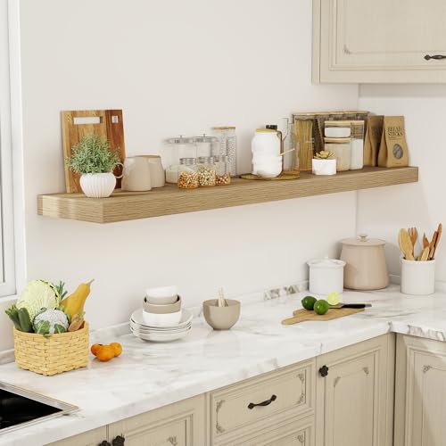 Acovy 72 Inch Floating Shelves, 12" Deep Floating Shelf Wall Mounted, 72" Wall Shelves, Rustic Deep Bookshelf, Extra Deeper & Thicker Display Shelves for Bedroom, Living Room, Oak, Set of 1 - color: Oak, size: 12"Wx72"L-1pc