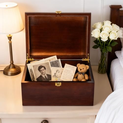 Larger Wooden Memory Wedding Keepsake Boxes With Hinged Lids - Decorative Storage Box With a Hinge Lids For Letter Time Capsule - Wooden Gift Boxes,5.3“*8.6”*11.7“ - color: Brown