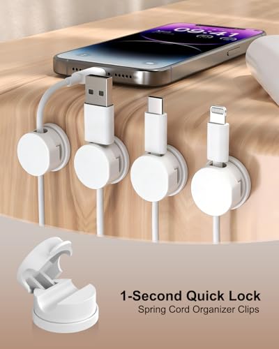 OneLeaf 12 Pack Spring Cable Clips for Phone Charger, One-Hand Cord Holder for Nightstand & Desk, Rotatable Desk Cable Management with Strong Adhesive, White - color: White