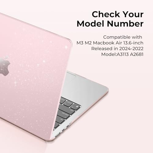 EooCoo Case Compatible with MacBook Air 13 inch M5 2026-2022 Release M4 M3 M2 A3449 A3240 A3113 A2681, Glitter Hard Shell&Keyboard Skin Cover&Screen Protector for Mac Air 13.6 inch, Sparkly Baby Pink - color: Glitter Baby Pink