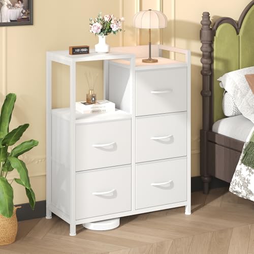 DUMOS TV Stands for Bedroom with 5 Drawers, 5-Drawer Chest of Drawers with Raised Shelf, Storage Tower with Fabric Bins for Closet Organization, Hallway Storage, Ivory - color: Ivory, size: 31.5"D x 11.4"W x 25.9"H (5 Drawers)