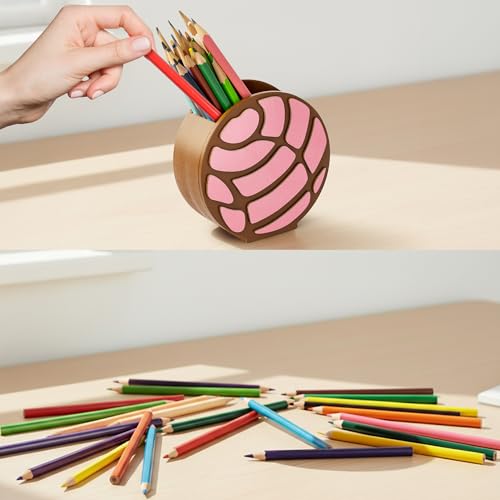 MALLMALL6 Mexico Concha Pencil Holder - 3D Mexican Bread Pink Wooden Pen Holder, Back to School Funny Caddy Case Gift for Kids, Desktop Storage Organizer for Classroom Teacher Office - style: Mexico Concha
