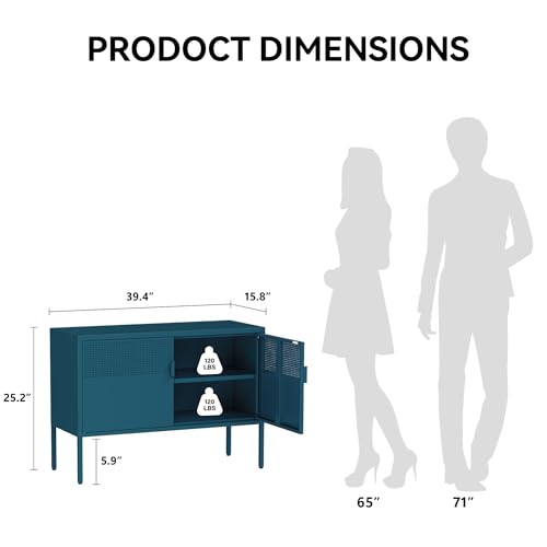 COFaR TV Stand for TVs up to 75 Inch, 40 Inch Media Console with Ventilation Doors, Metal Entertainment Center with Adjustable Shelves & 120Lbs Storage for Living Room & Bedroom, Peacock Blue - color: Peacock Blue, size: 40"L with Mesh