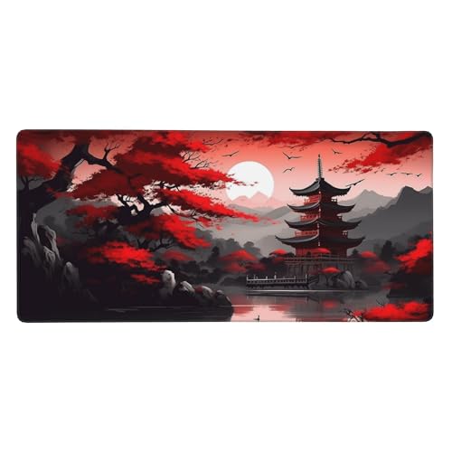 Large Gaming Mouse Pad, Red Japanese Pagoda Design with Cherry Blossoms, 35.4x15.7 Inches, Non-Slip Rubber Base, Stitched Edges, Desk Mat for Gaming and Office - color: Red Tower
