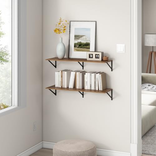 36"W x 12"D Floating Shelves, Walnut Deep Floating Shelves for Wall with Brackets, 12 Inch Deep Wall Shelves for Books, Wide Display Storage Shelves for Bathroom, Living Room, 36 Inch Long, Set of 2 - color: Walnut, size: 36"W x 12"D