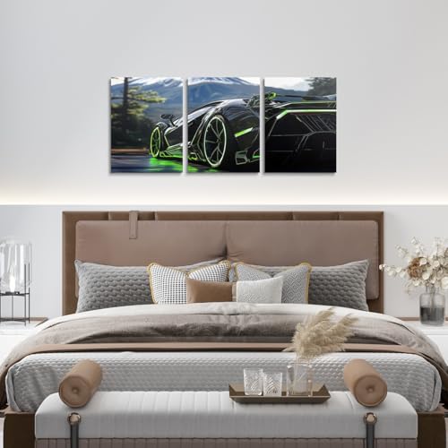 3D Kids Boys Sports Car Canvas Wall Art Set of 3 Green Race Car Wall Art for Kids Teen Boy Boys Racing Cars Wheel Poster Prints Girls Sports,12x16 - color: Black And Green