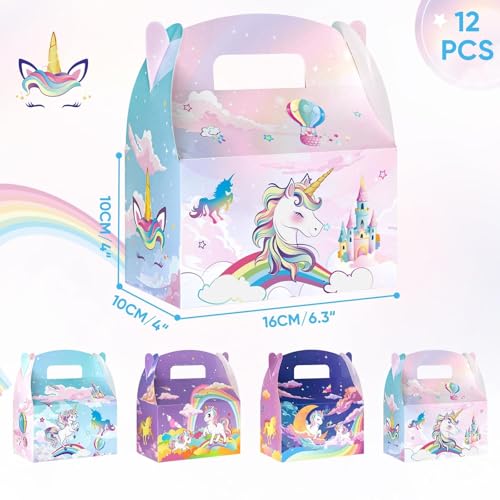 WERNNSAI 12 Pcs Unicorn Party Boxes Gift Box for Rainbow Party Decoration | Magical Unicorn Theme Design, Double-sided Design Styles, Vibrant Printing Quality, Sturdy and Easy to Assemble - color: Rainbowl Unicorn