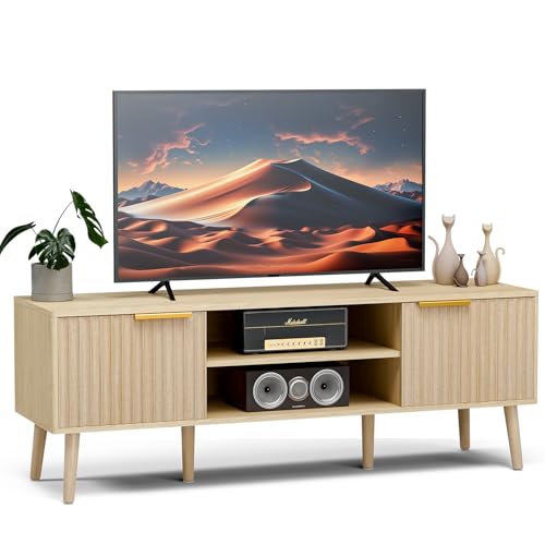 LCRBOL TV Stand with Fluted Doors for TVs up to 65", Modern, Natural | 54.3"W x 15.3"D x 19.6"H, 150 lbs capacity, 2 fluted door cabinets & 2 adjustable shelves, cable holes, 5 tapered legs. - color: Oak