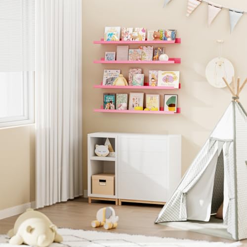 BYCY Metal Floating Shelves Set of 4,23.6 inch Floating Bookshelves for Wall Mounted,Wide Magnetic Book Display Wall Shelves for Classrooms Kitchen Bedroom Room Decor (Pink) - color: Pink, size: 23.6inch,4pcs