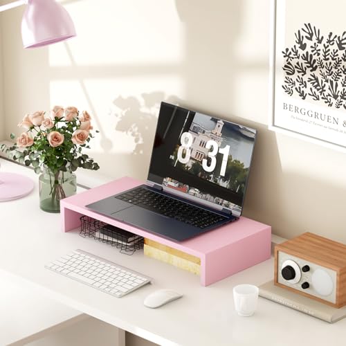 TEAMIX Pink Monitor Riser-20L inch, Wood Monitor Stand for Desk, Sturdy TV/Screen/PC/Printer/Laptop Riser,Computer Shelf with Storage TV Holder for Home Office (Pink, 20 inch) - color: Pink, size: 20 inch