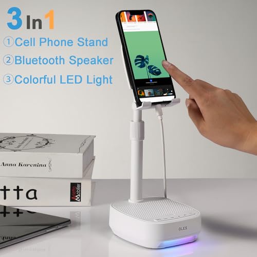OLES Gifts for Men Women, Adjustable Cell Phone Stand with Wireless Bluetooth Speaker(7-11''Height), Unique Birthday Gift for Dad Mom Him, Phone Holder Led Color Light for iPhone/Android/Tablets - color: White