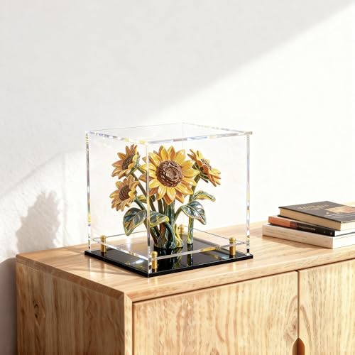 Acrylic Display Case for Collectibles, Dustproof Acrylic Box with Clear Display Elevation & Gold Risers, Large Display Case for Figures Toys Memorabilia, 13" L x 13" W x 13" H - size: 13"L x 13"W x 13"H