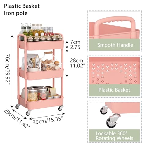 Sywhitta 3-Tier Plastic Rolling Utility Cart with Handle, Multi-Functional Storage Trolley for Office, Living Room, Kitchen, Movable Storage Organizer with Wheels, Pink - color: Pink, size: 3-tier
